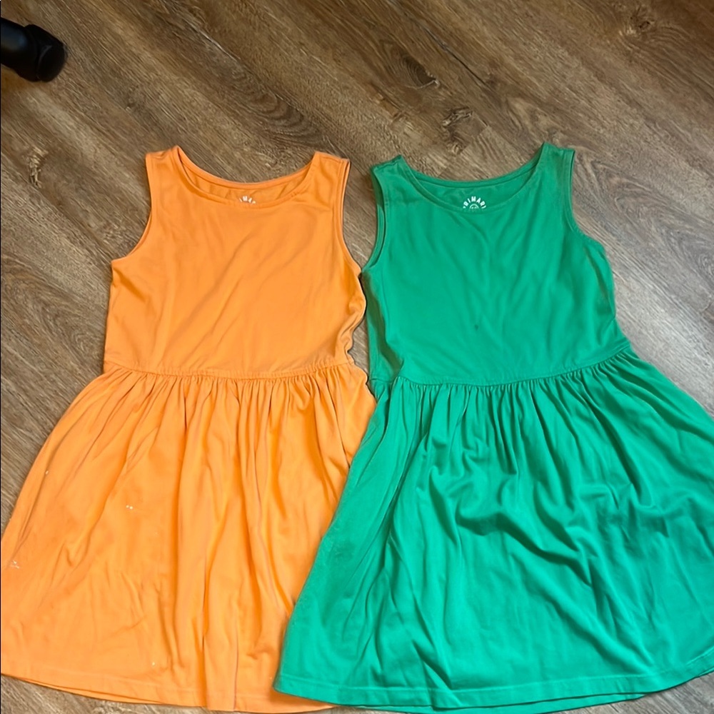 Lot of 2 Primary Sleeveless Orange and Green Dresses-small marks size 8-9